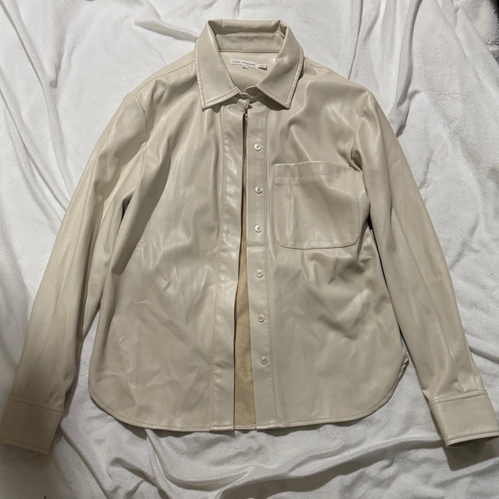 Good American Cream Faux Leather Button-Up Shirt